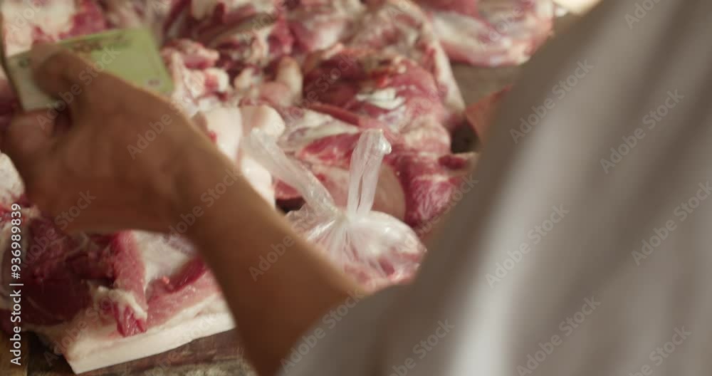 Close-up of a delicious meat display featuring raw pork cuts and sausages from freshly slaughtered pigs. Premium organic meat for sale at the market. A customer is paying for the pork at the market. Close-up of a delicious meat display featuring raw pork cuts and sausages from freshly slaughtered pigs. Premium organic meat for sale at the market. A customer is paying for the pork at the market.