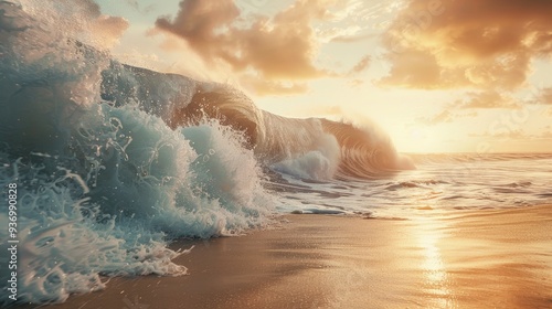 Fototapeta Naklejka Na Ścianę i Meble -  Massive tidal wave hitting a deserted shoreline