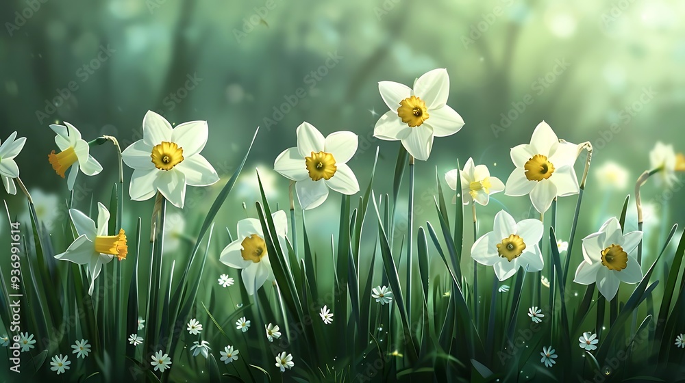 A serene field of white daffodils with yellow centers, surrounded by lush green grass and soft lighting. A serene field of white daffodils with yellow centers, surrounded by lush green grass and soft lighting.