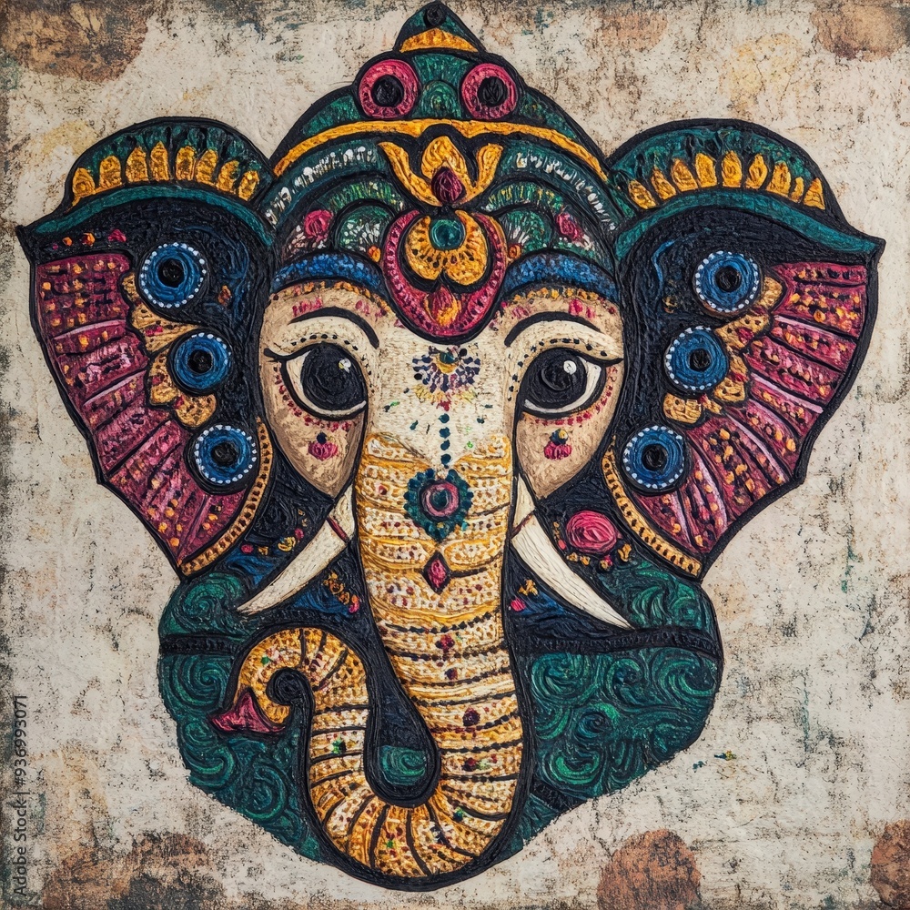 Naklejka premium Tranquil Glory: Traditional Madhubani Art of Lord Ganesha on Textured Background