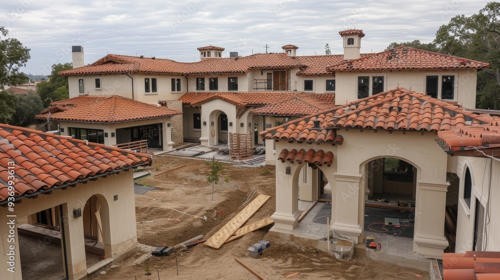 The construction of a Mediterranean-style home, with stucco walls, red tile roofs, and spacious courtyards for outdoor living. The construction of a Mediterranean-style home, with stucco walls, red tile roofs, and spacious courtyards for outdoor living.