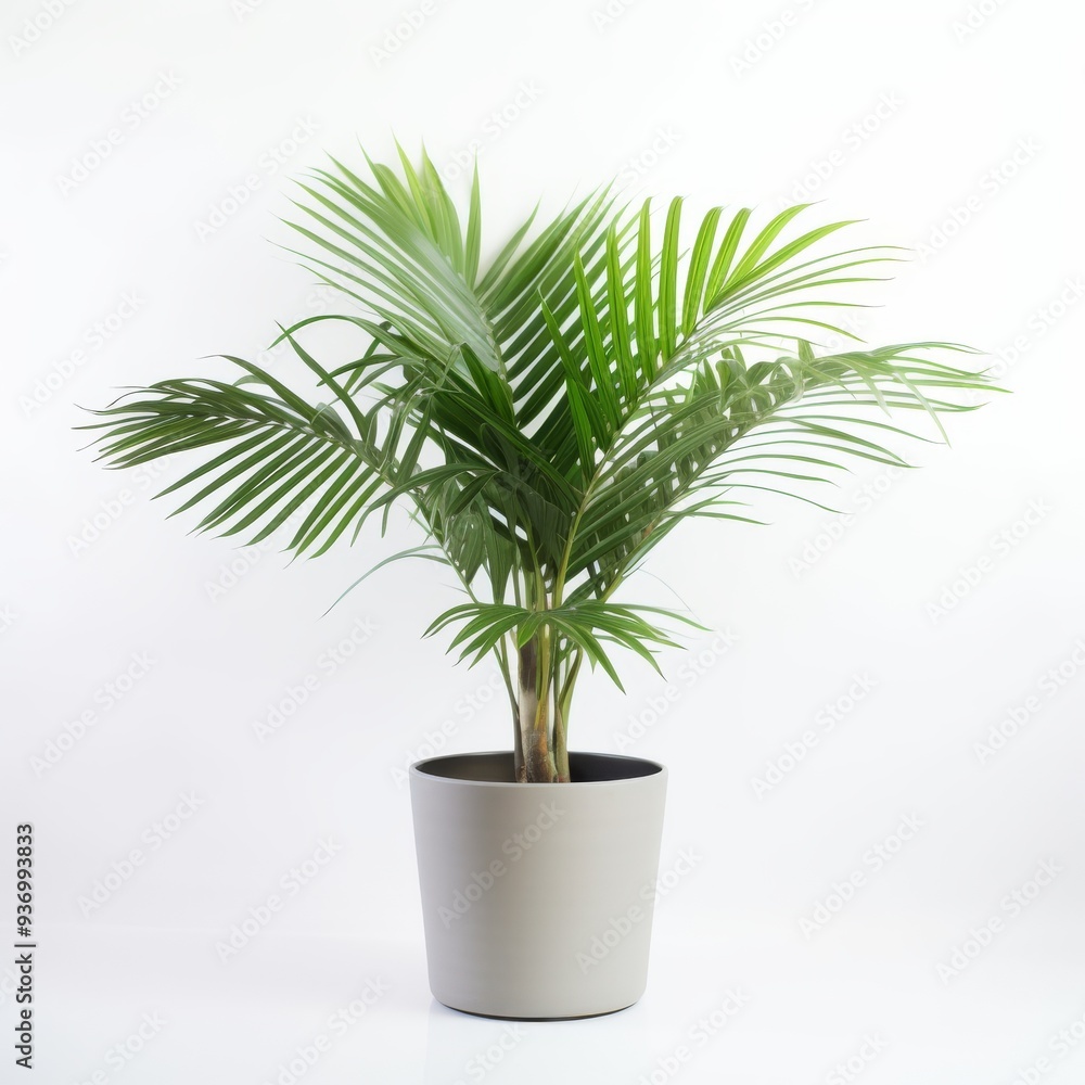 Fototapeta premium Potted Green Palm Plant on White Background - Perfect for Home and Office Decor