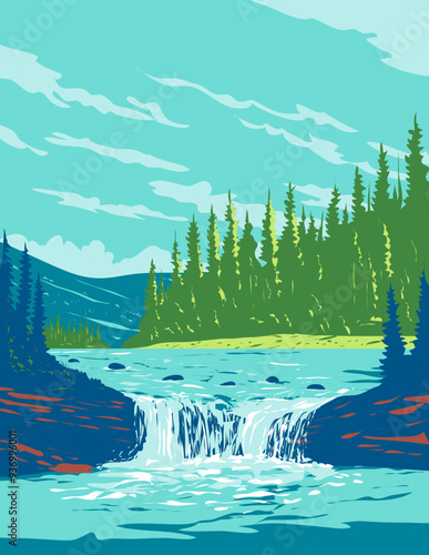 WPA poster art of Sheep River Provincial Park west of Diamond Valley on highway 546 in Kananaskis Country, Alberta, Canada done in works project administration or federal art project style.