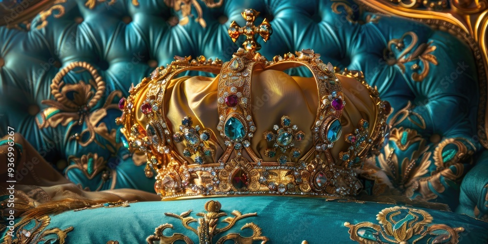 Fototapeta premium Elegant gold crown embellished with valuable stones and gems presented on an impressive ceremonial pillow.
