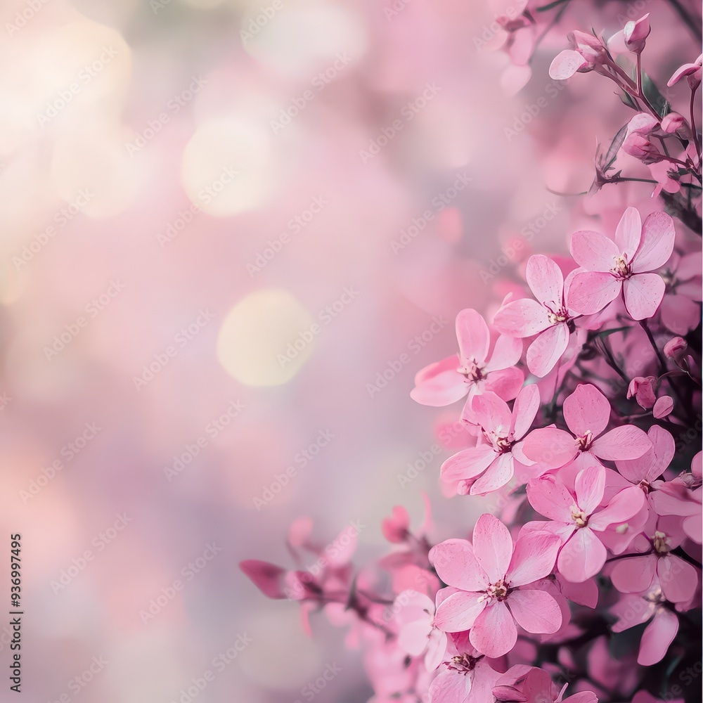 Dreamy Romance - Pink Flowers Blooming in Blur Bokeh with Copy Space Dreamy Romance - Pink Flowers Blooming in Blur Bokeh with Copy Space