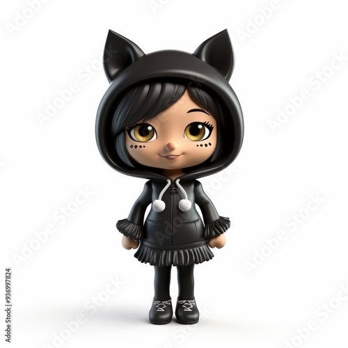 Cute Cartoon Character in Black Cat Outfit. Adorable Illustration of a Girl Wearing a Hoodie with Cat Ears, Perfect for Childrenâ€™s Books and Halloween Themes.