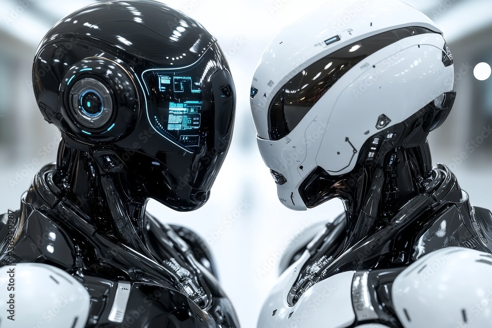 Fototapeta premium Two advanced robots face each other symbolizing the evolution of artificial intelligence and the complex dynamics in a digital future