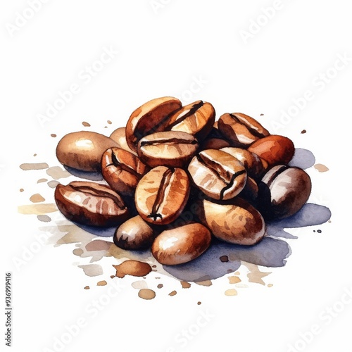 Wallpaper Mural Watercolor Illustration of Coffee Beans with Artistic Splashes and Shadows on White Background Torontodigital.ca