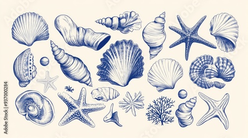 Hand drawn blue outline of various seashells and starfish with two pearls on a white background.
