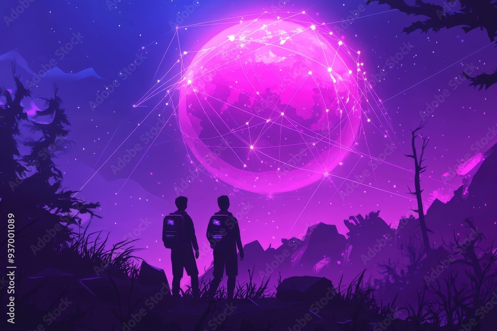 Silhouettes of a couple standing under a neon sky symbolizing the vast possibilities of a futuristic world full of dreams and digital landscapes Silhouettes of a couple standing under a neon sky symbolizing the vast possibilities of a futuristic world full of dreams and digital landscapes