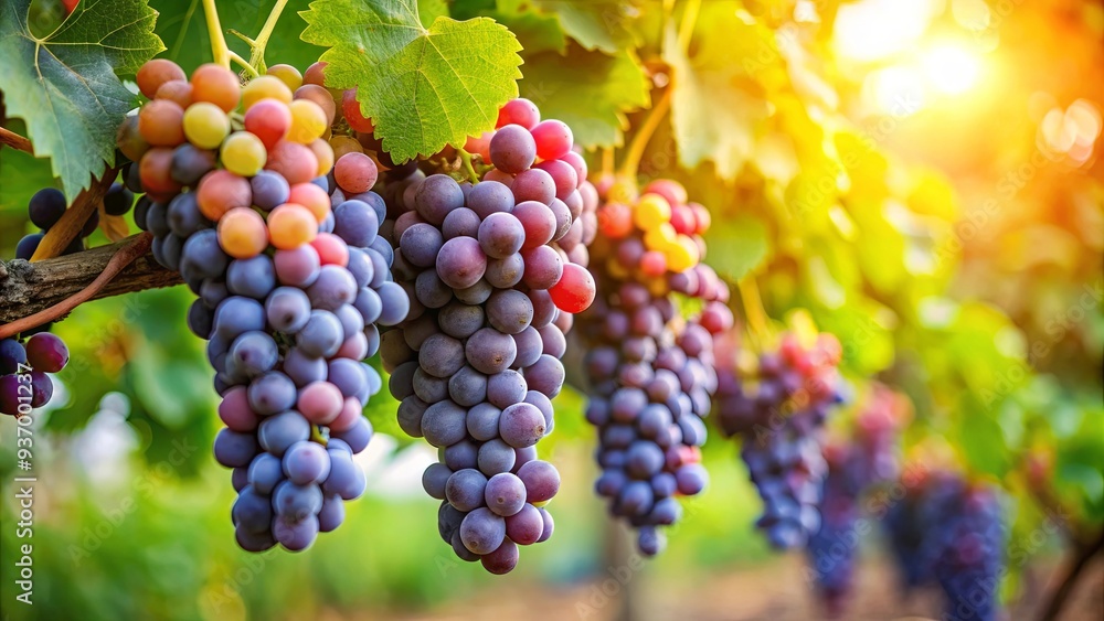 Fresh ripe bunches of grapes ready to be harvested from the vineyard, showcasing vibrant fruit clusters full of juicy, sweet, and nutritious grapes for making organic wine Fresh ripe bunches of grapes ready to be harvested from the vineyard, showcasing vibrant fruit clusters full of juicy, sweet, and nutritious grapes for making organic wine