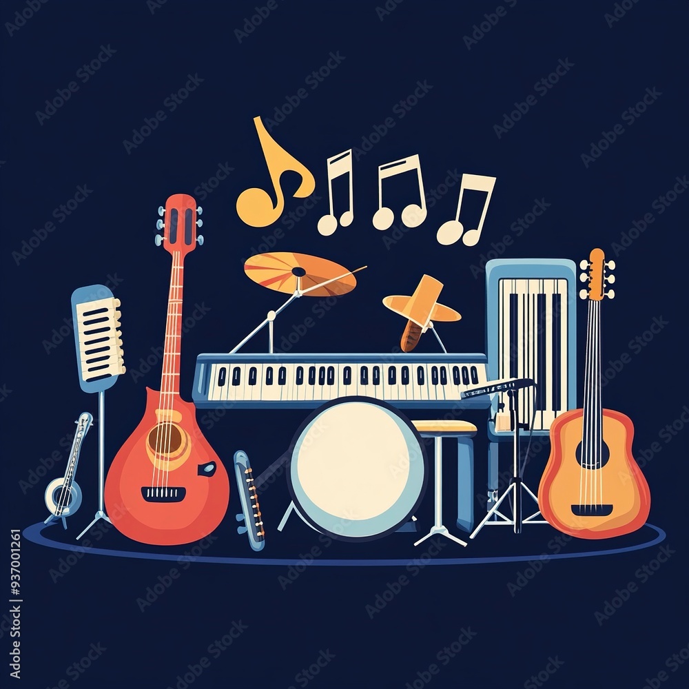 Obraz premium happy world music day and musical instruments with blue background. vector illustration design.generative ai