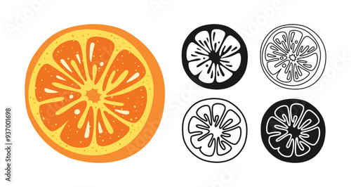 Orange citrus symbol cartoon set. Half orange tangerine linear doodle icon. Abstract childish hand drawn logo citrus fruit. Sign graphic stylized silhouette shape. Vector simple graphic illustration