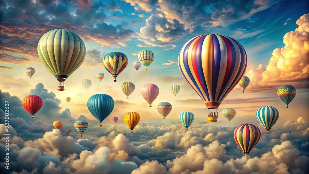 Fototapeta premium Whimsical and imaginative wallpaper background featuring floating hot air balloons in the sky