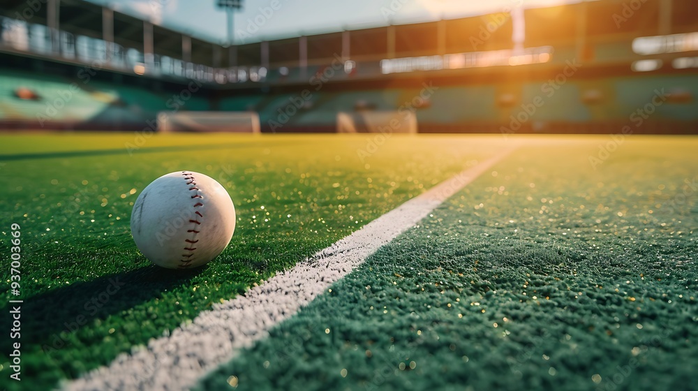 Field with ball and a stick for hockey fitness and training in stadium Field with ball and a stick for hockey fitness and training in stadium