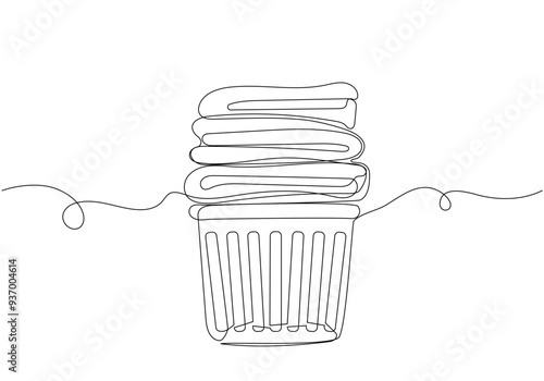 Continuous one line drawing of laundy basket. Vector illustration on isolated 