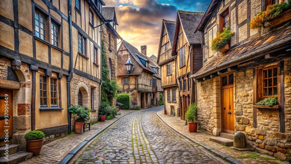Naklejka premium Medieval old town street with rustic buildings and cobblestone path