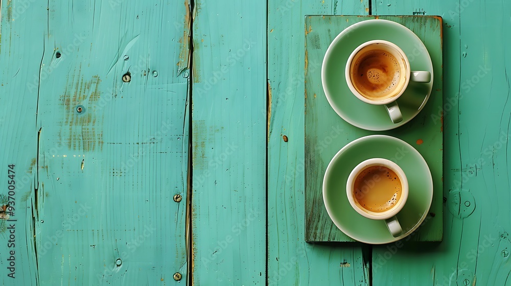 Flat lay with two cups of espresso coffee on a green wooden board Flat lay with two cups of espresso coffee on a green wooden board