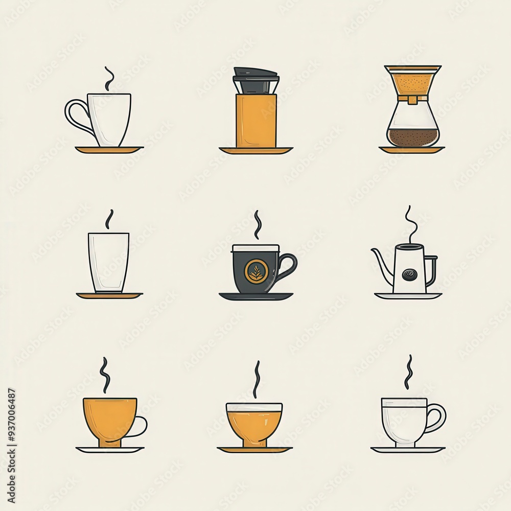 Modern Coffee Culture: Clean Illustrations of Coffee Cups and Brewing Methods in Minimalist Style Modern Coffee Culture: Clean Illustrations of Coffee Cups and Brewing Methods in Minimalist Style
