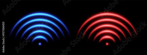 WiFi or scanner light effect, red and blue glowing sonic waves, good or bad signal concept. Neon no signal icon. Wireless network symbols.