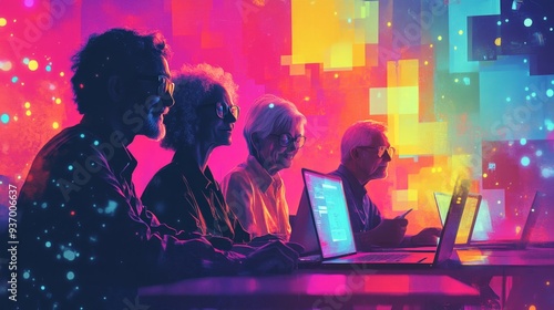 Senior Adults Using Laptops in Neon Lit Room