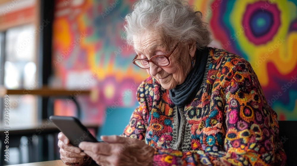 Senior Woman Using Smartphone in Cafe Senior Woman Using Smartphone in Cafe