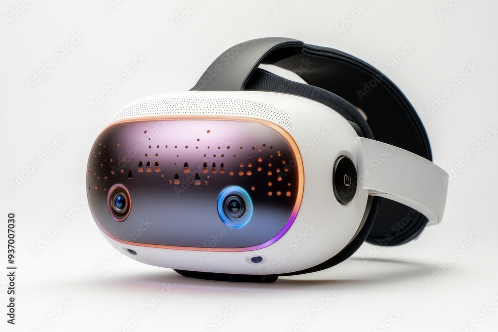 Stylish VR headset glowing with purple lights in a vibrant futuristic setting representing the dynamic and innovative world of virtual reality Stylish VR headset glowing with purple lights in a vibrant futuristic setting representing the dynamic and innovative world of virtual reality