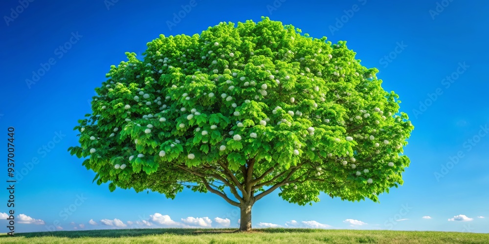 Cotton tree with lush green leaves against a clear blue sky in a summer outdoor landscape Cotton tree with lush green leaves against a clear blue sky in a summer outdoor landscape