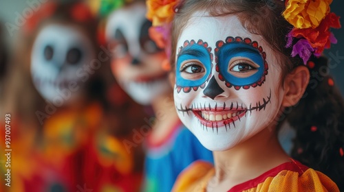 A girl with a skull painted on her face and a flower headband