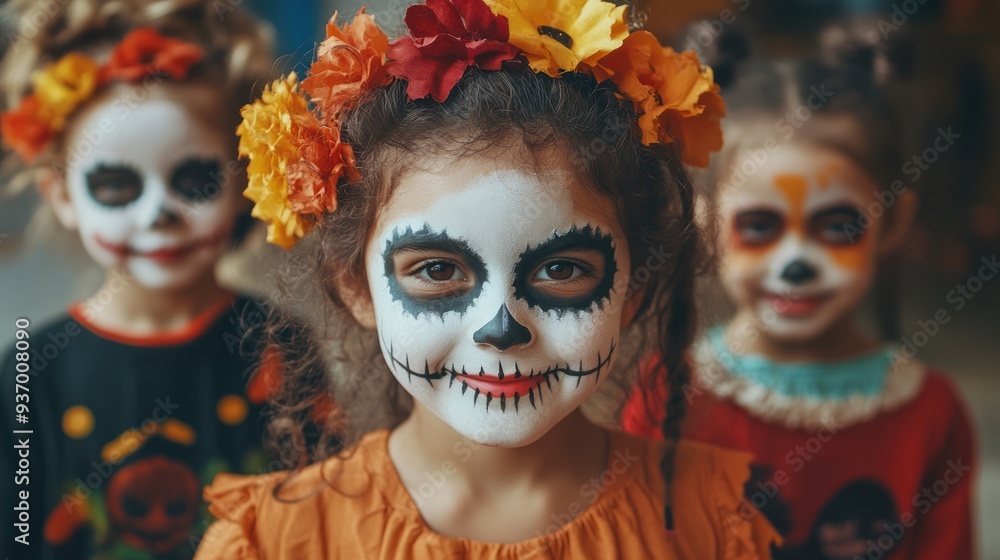 A girl with a skull painted on her face and a flower headband A girl with a skull painted on her face and a flower headband