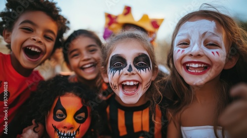 A group of children are posing for a picture with Halloween makeup on