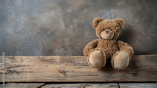 fluffy plush teddy bear overside wooden board photo