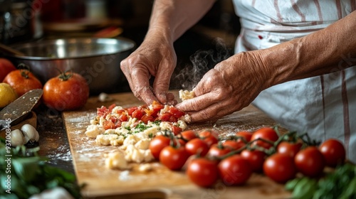 Hands Preparing Homemade Pasta with Tomatoes  Basil  and Cheese on Wooden Cutting Board