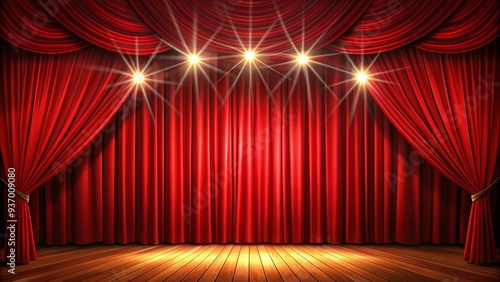 Red stage curtain with spotlights illuminating a theater performance