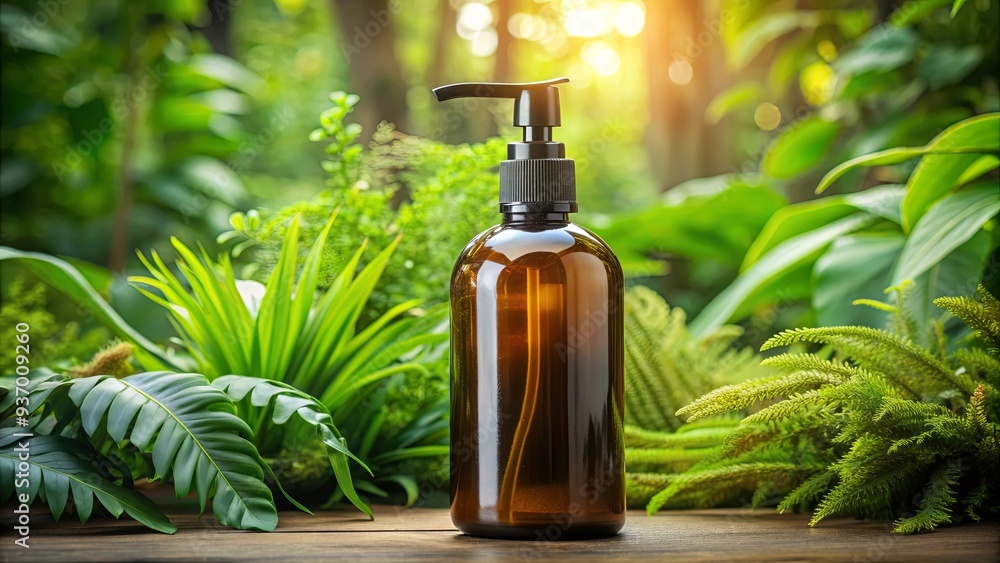 Amber glass pump bottle surrounded by lush green plants, ideal for displaying botanical beauty products Amber glass pump bottle surrounded by lush green plants, ideal for displaying botanical beauty products