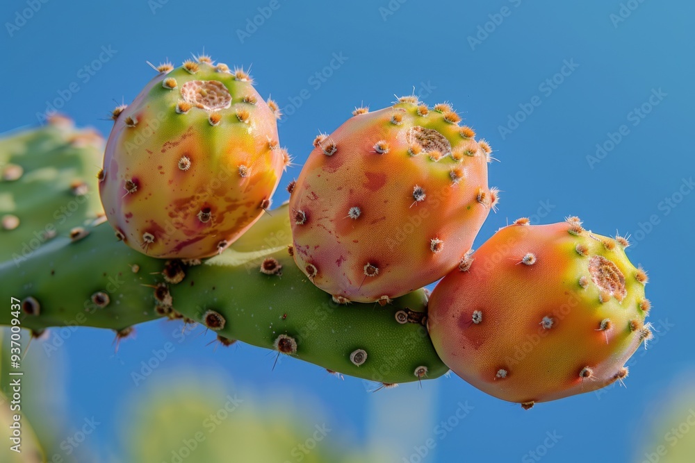prickly pear cactus fruit against blue sky, macro photography prickly pear cactus fruit against blue sky, macro photography