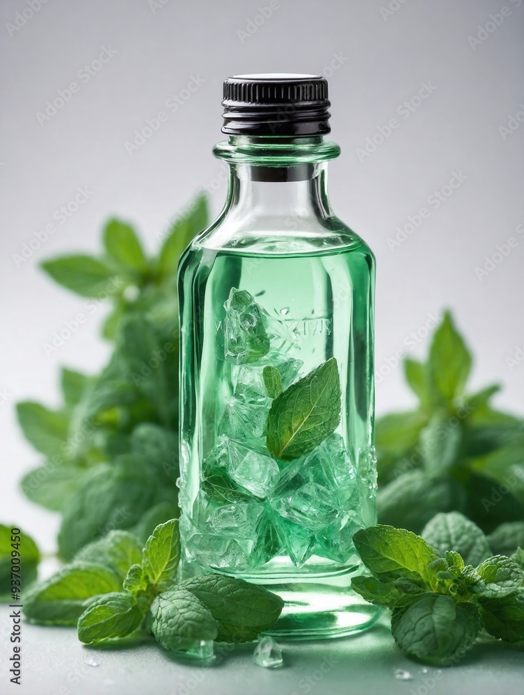 A clear glass bottle of light green menthol oil stands upright on a plain white background, surrounded by fresh mint leaves and small menthol crystals. A clear glass bottle of light green menthol oil stands upright on a plain white background, surrounded by fresh mint leaves and small menthol crystals.