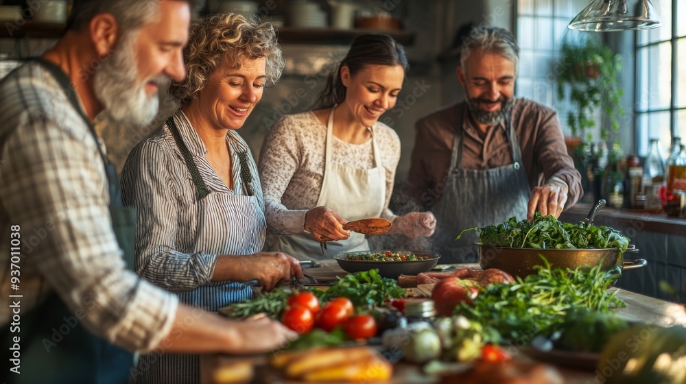 Happy Friends Cooking Together in a Kitchen Happy Friends Cooking Together in a Kitchen