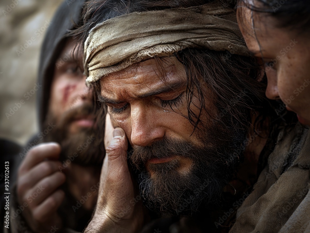Compassionate miracle: Jesus Christ restores sight to blind man, demonstrating divine love, power, moment of profound faith, healing that transforms life through touch of Savior’s hand. Compassionate miracle: Jesus Christ restores sight to blind man, demonstrating divine love, power, moment of profound faith, healing that transforms life through touch of Savior’s hand.