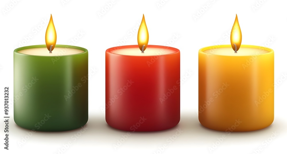 Three Burning Candles in Green, Red and Yellow. Three Burning Candles in Green, Red and Yellow.
