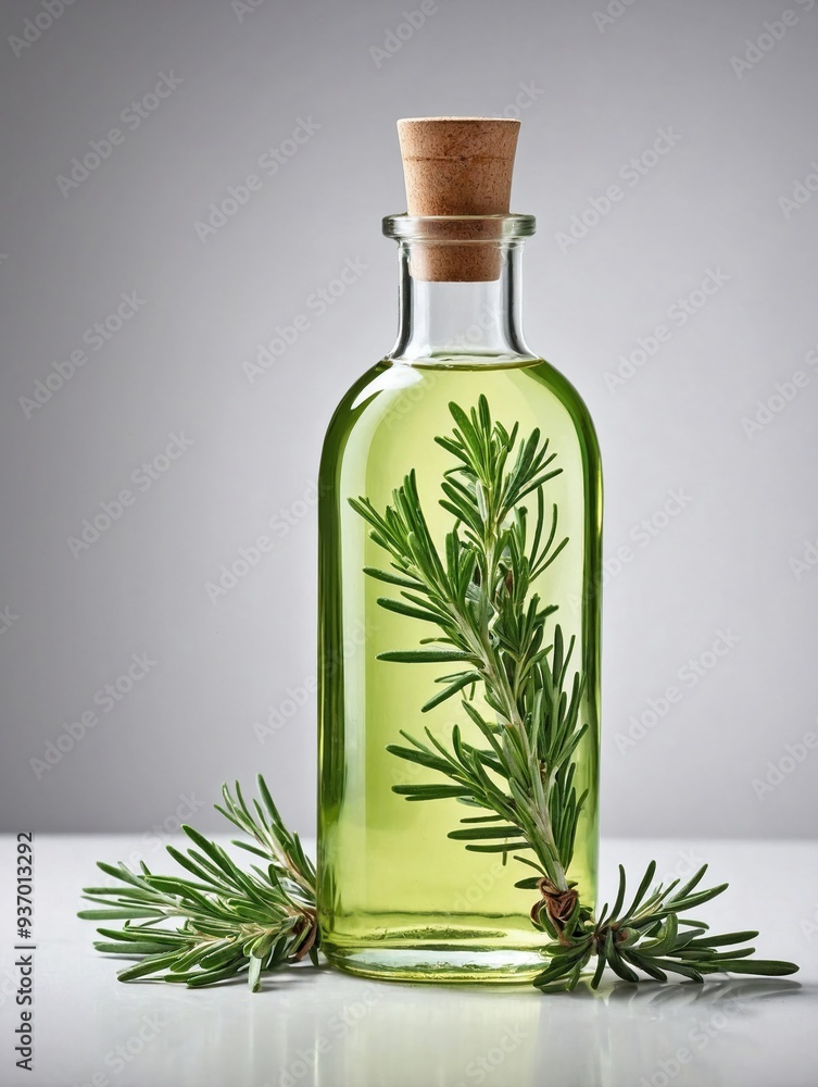 A clear glass bottle of light green rosemary oil stands upright on a plain white background, surrounded by fresh rosemary sprigs with their needle-like leaves. A clear glass bottle of light green rosemary oil stands upright on a plain white background, surrounded by fresh rosemary sprigs with their needle-like leaves.