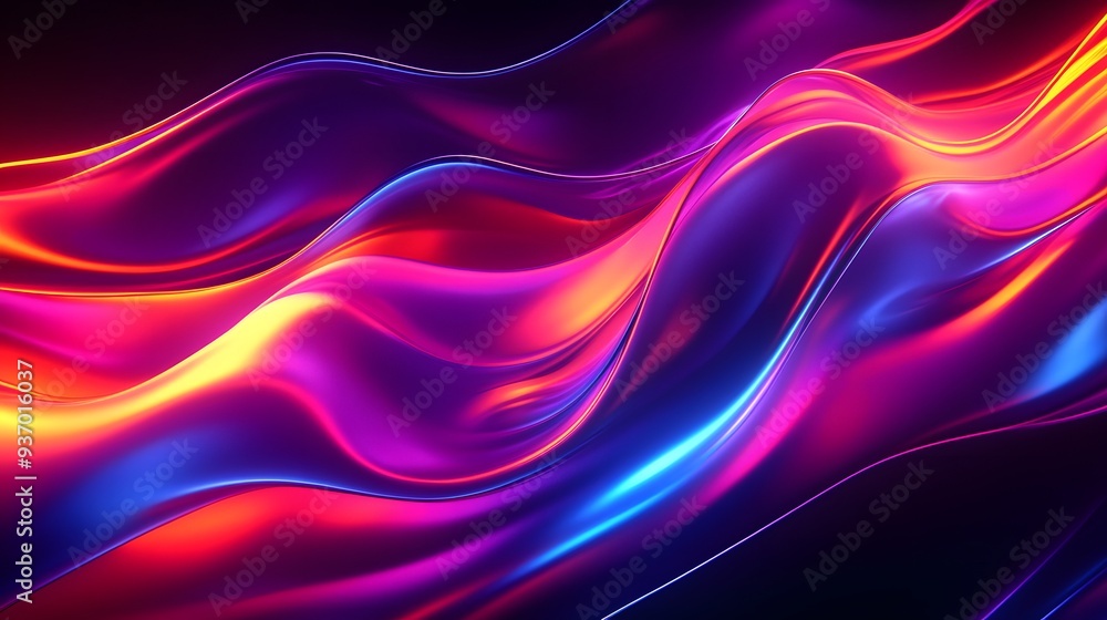 92. Dynamic, radiant ribbons in a gradient of neon colors creating a fluid wave effect 92. Dynamic, radiant ribbons in a gradient of neon colors creating a fluid wave effect
