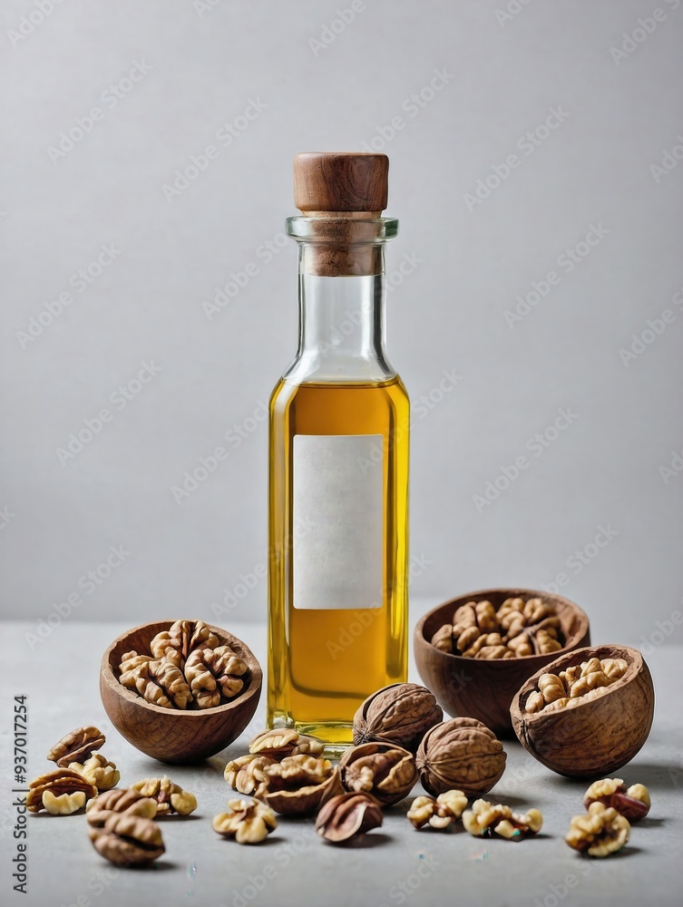 A minimalist scene featuring a bottle of walnut oil centered on a white background, with a few shelled walnut halves and whole walnuts A minimalist scene featuring a bottle of walnut oil centered on a white background, with a few shelled walnut halves and whole walnuts