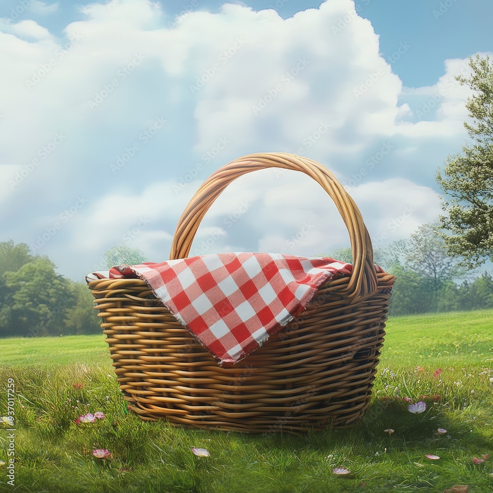 Serene Empty Picnic Basket on Grass Meadow Landscape - AI Generated Image of Relaxing Outdoor Scene Serene Empty Picnic Basket on Grass Meadow Landscape - AI Generated Image of Relaxing Outdoor Scene