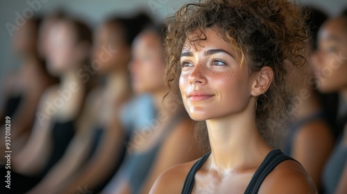 Young woman with curly hair looking up and smiling