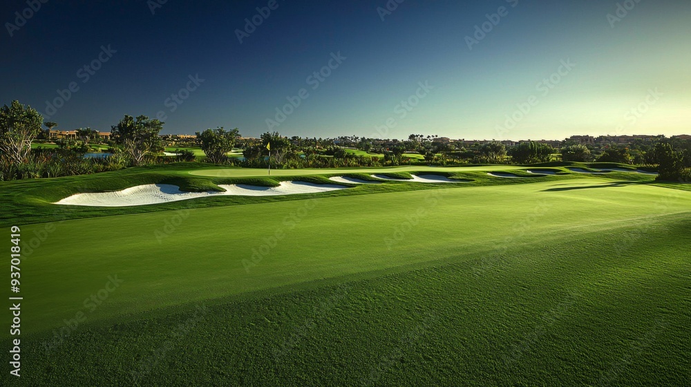 sprawling lawn under a bright blue sky, forming the expansive grounds of a large golf park sprawling lawn under a bright blue sky, forming the expansive grounds of a large golf park
