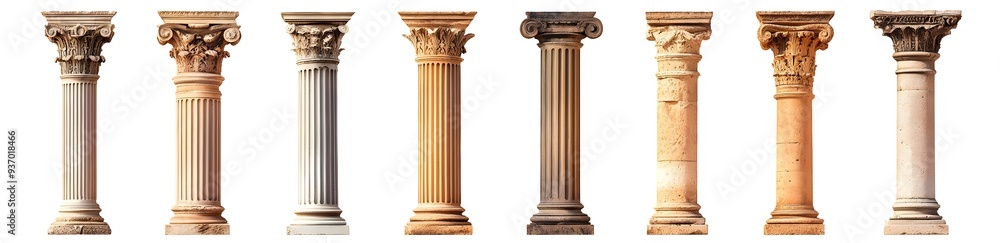 Set of Eight Ancient Stone Columns Isolated on White Background. Set of Eight Ancient Stone Columns Isolated on White Background.