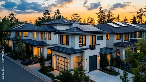 Modern Home With Solar Panels At Sunset.