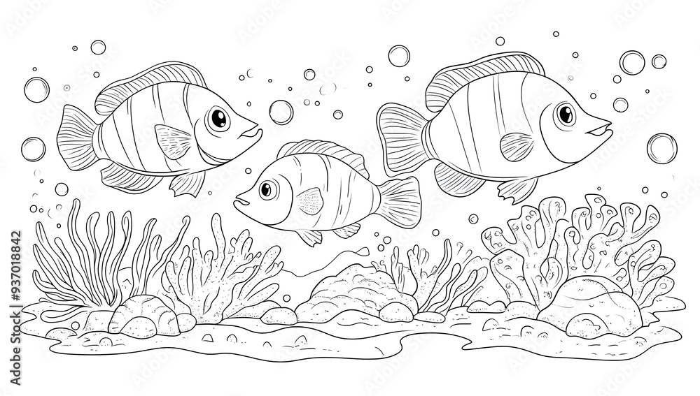 Fototapeta premium Three Fish Swimming in Coral Reef.