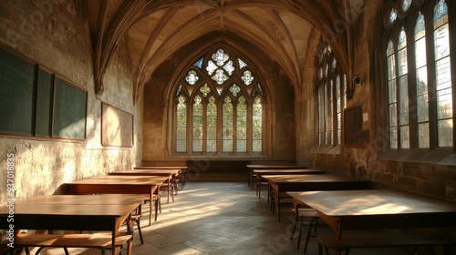 Empty Classroom with Sunlight Streaming Through Stained Glass Windows